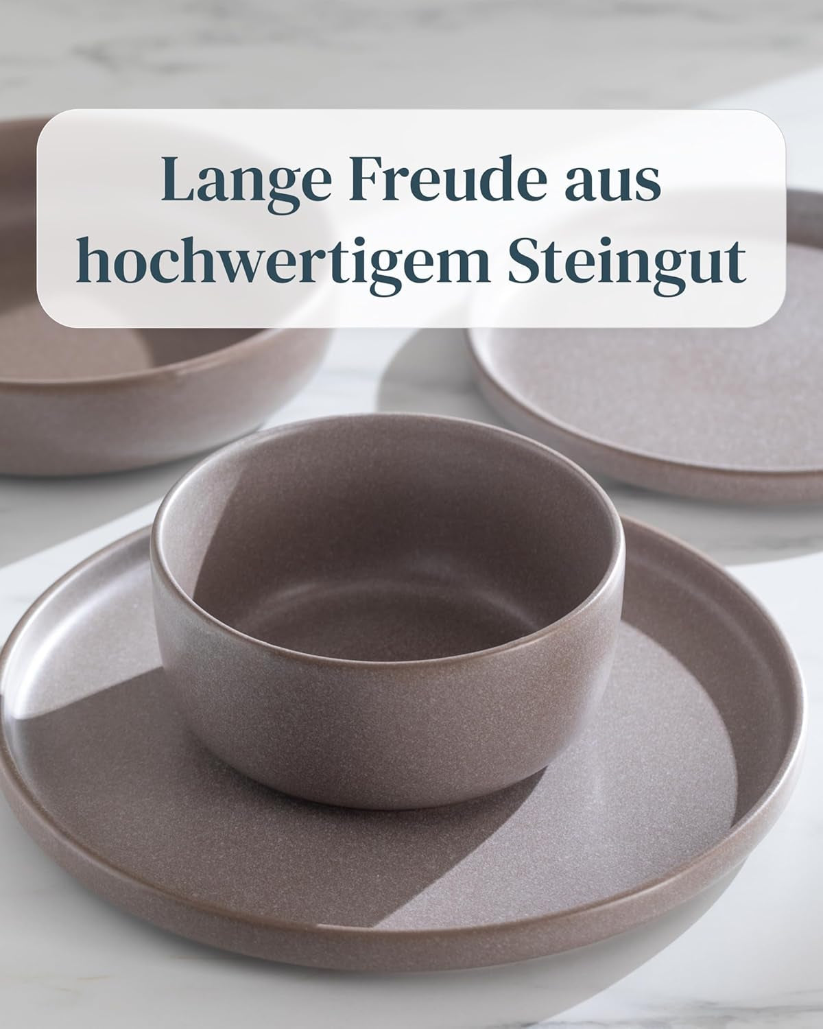 Set di stoviglie in gres per 12, 36 pezzi, stile urbano, alta qualità, TEST MOLTO BUONO, Set di stoviglie in gres - Set di ciotole e piatti - Servizio da tavola per 12, Set di stoviglie Pure Living in grigio-marrone opaco
