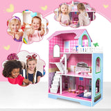 HENGMEI Puppenhaus Kinder Holz Puppenvilla Dollhouse Set Mädchen Spielset 3 Etagen Haus mit Möbeln und Zubehör, 70x30x100cm Puppenhäuser für Kinder (Tipo B)