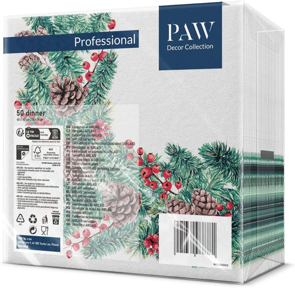 PAW - Tovaglioli Airlaid (40 X 40 Cm) I 50 Pezzi I Perfetto per Natale, Inverno, Vacanze I Decorazioni per la tavola della Vigilia di Natale I Tovaglioli Simil Tessuto Airlaid Rami Invernali I Rami Invernali
