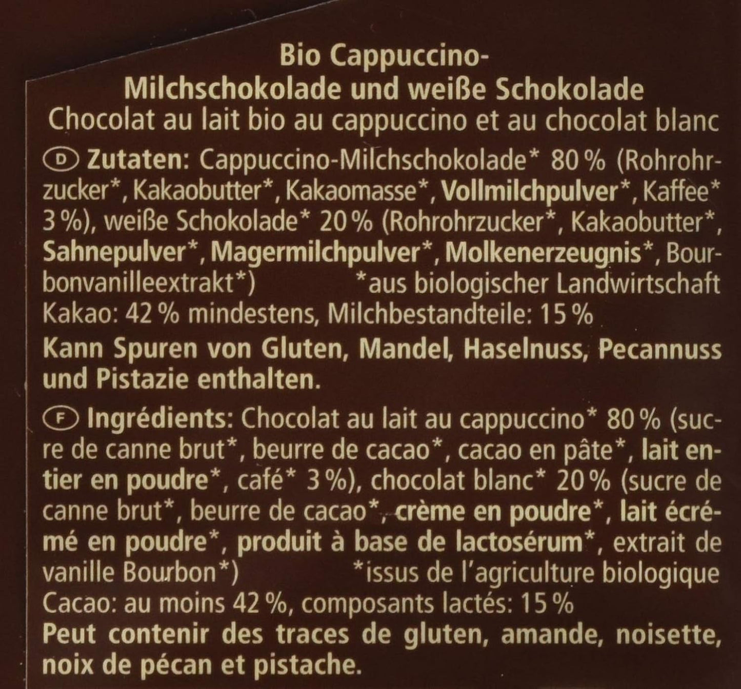 Cioccolato biologico ripieno di cappuccino, 100g