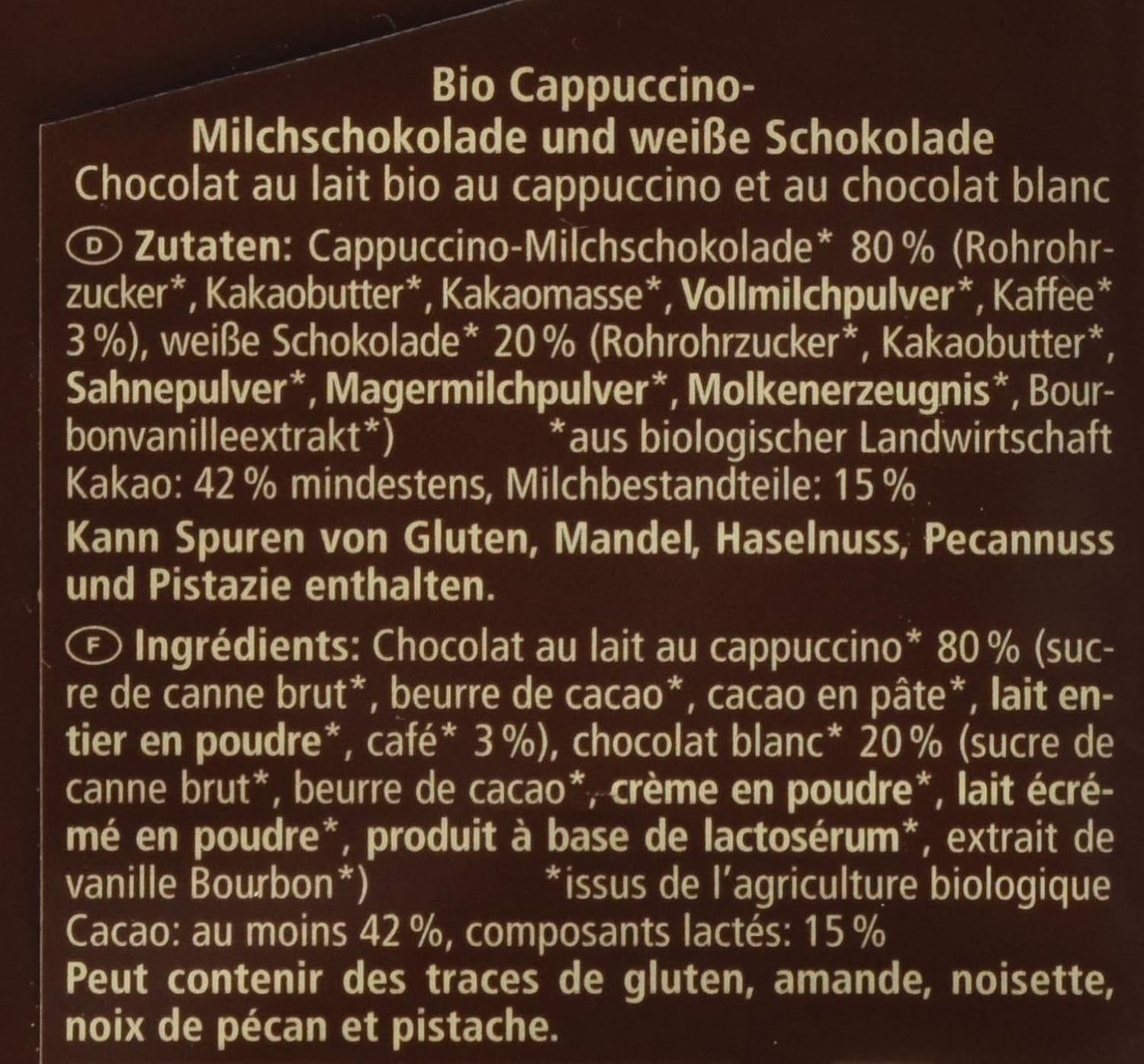 Cioccolato biologico ripieno di cappuccino, 100g