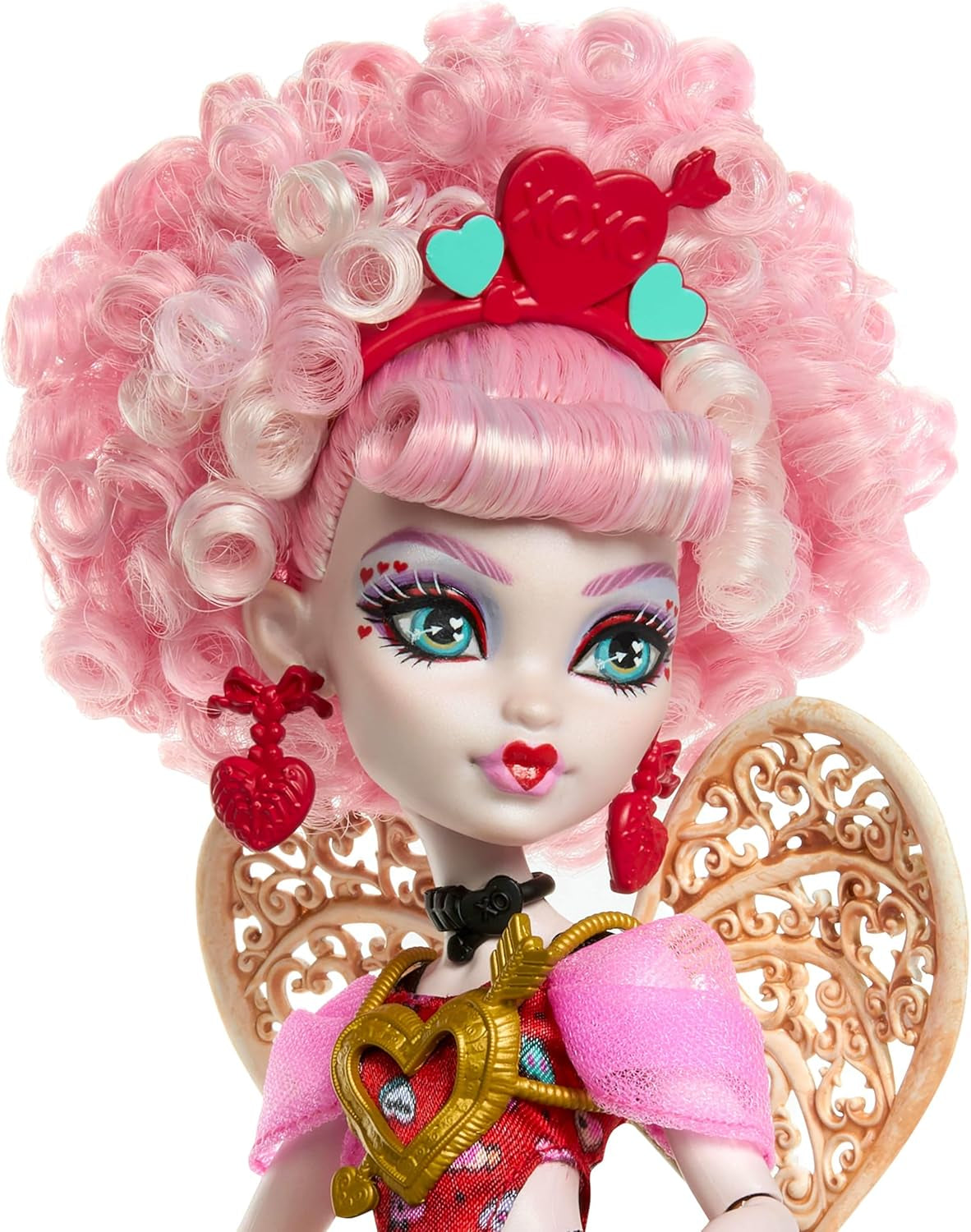 Monster High Scary Sweet Birthday Cupido Asteria bambola in abito da festa rosa e rosso con accessori a tema come invito, palloncino, regalo e altro, JBG77