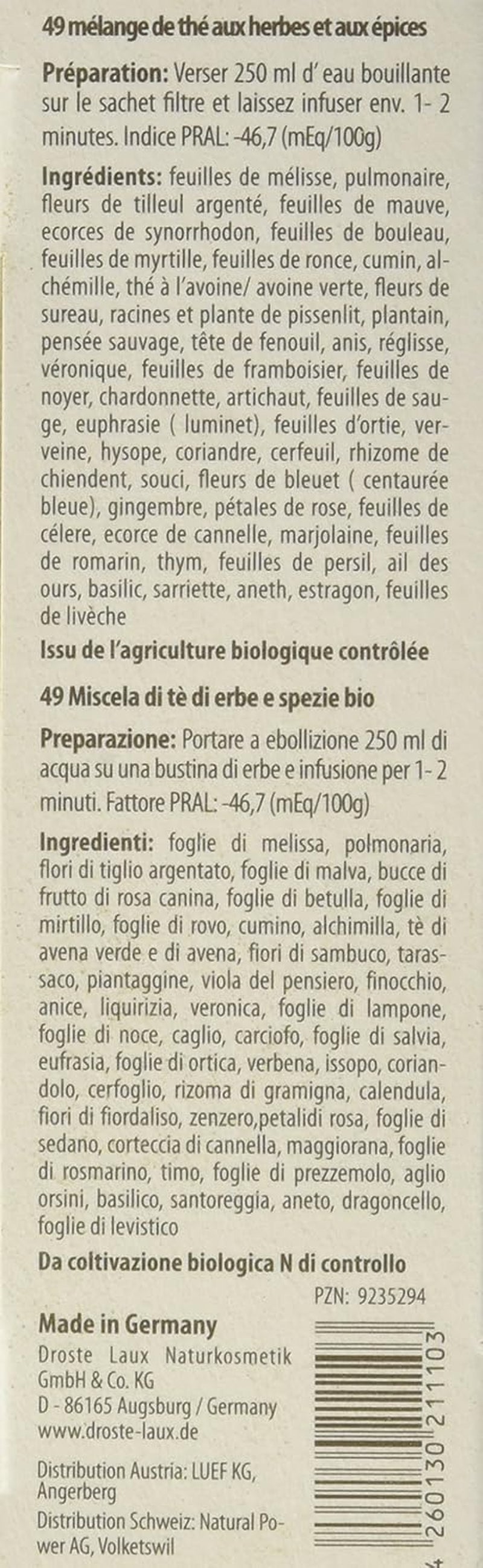 Droste-Laux Tè base con 49 erbe, 25 pezzi (tisana, bustine filtro, tè digiuno o dietetico) 120501