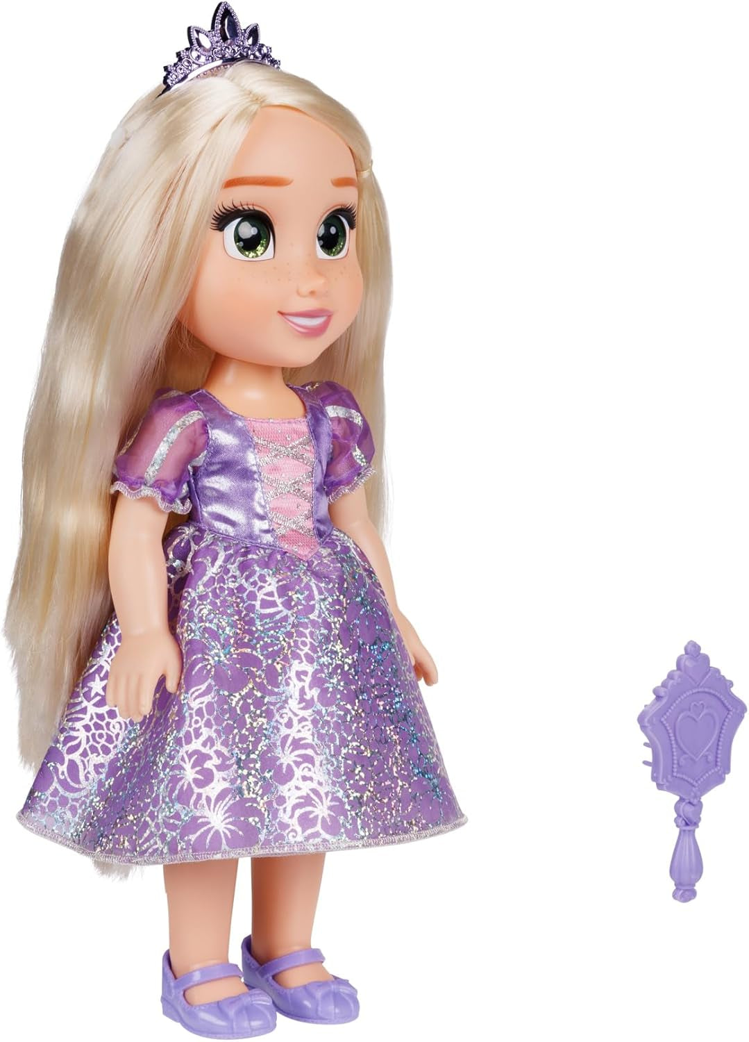 Disney Princess Rapunzel bambola da 35 cm, occhi riflettenti glitterati, articolazioni mobili, vestito staccabile, scarpe, corona, lunghi capelli biondi, per ragazze dai 3 anni in su