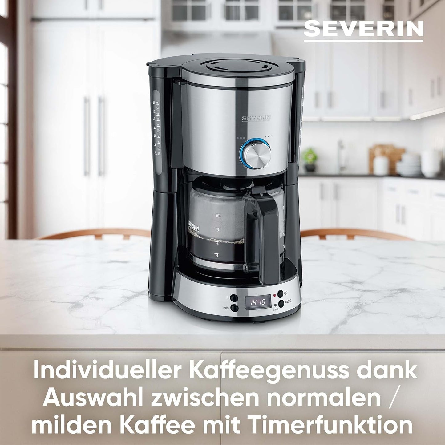 Macchina per caffè espresso SEVERIN "TypeSwitch" con caraffa in vetro e timer, AromaSwitch per scegliere 2 opzioni di erogazione, orologio digitale con funzione timer, per un massimo di 10 tazze, 1000 W, acciaio inossidabile spazzolato-nero, KA 4826