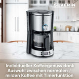 Macchina per caffè espresso SEVERIN "TypeSwitch" con caraffa in vetro e timer, AromaSwitch per scegliere 2 opzioni di erogazione, orologio digitale con funzione timer, per un massimo di 10 tazze, 1000 W, acciaio inossidabile spazzolato-nero, KA 4826