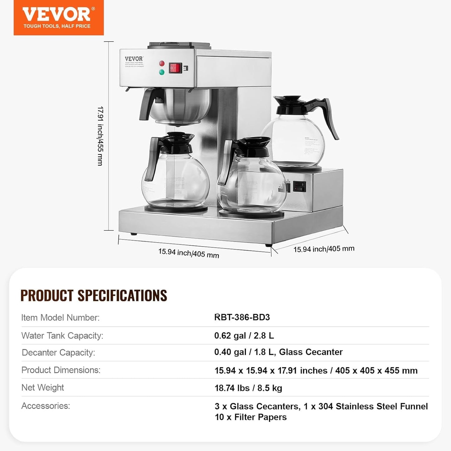 VEVOR Macchina per caffè espresso commerciale con filtro da 12 tazze con 3 caraffe in vetro e 3 piastre riscaldanti Macchina per caffè espresso in acciaio inossidabile con fornitura automatica di acqua per bar ristorante ufficio