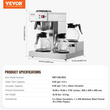 VEVOR Macchina per caffè espresso commerciale con filtro da 12 tazze con 3 caraffe in vetro e 3 piastre riscaldanti Macchina per caffè espresso in acciaio inossidabile con fornitura automatica di acqua per bar ristorante ufficio