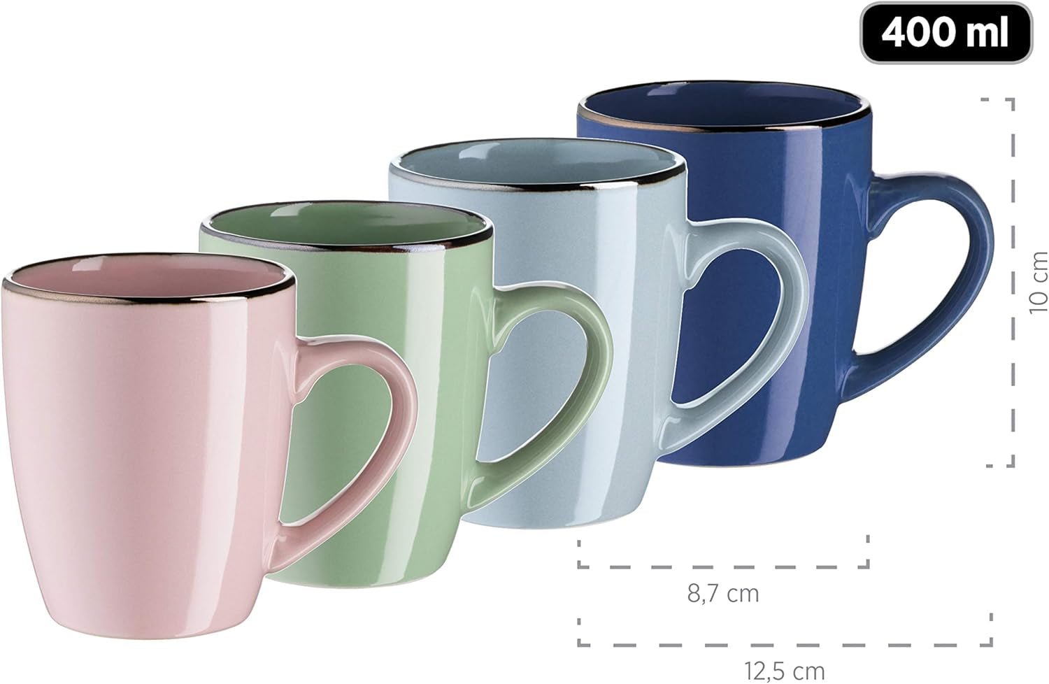 MÄSER 931870 Struttura in metallo, Set di stoviglie moderno per 4 persone con struttura color ottone, Set combinato da 16 pezzi con forme coupé senza cornice, Multicolor, Gres, Pastel'n'Blue