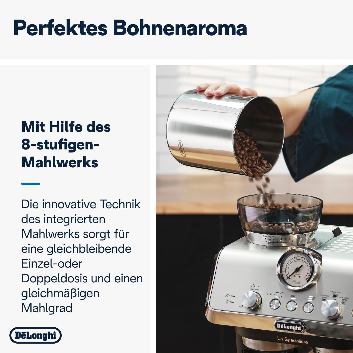 De'Longhi La Specialista Arte EC9155.MB macchina per caffè espresso portafiltro con macinacaffè, 8 impostazioni di macinatura, pressione 15 bar, 3 impostazioni di temperatura, montalatte, 1550 W, serbatoio da 1,7 litri, acciaio inossidabile/nero, incluso kit barista