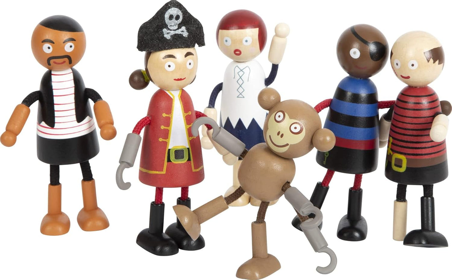 Bambole pirata in legno flessibili Small Foot, 5 pirati e 1 scimmia, dettagliate e flessibili, dai 3 anni in su, 12412
