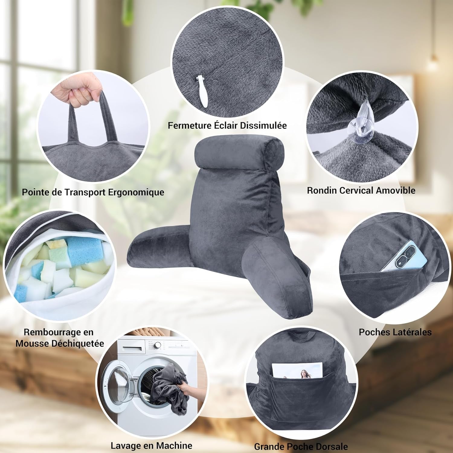 INFANTIA cuscino da lettura ergonomico con braccioli, supporto per la schiena, grande, grigio