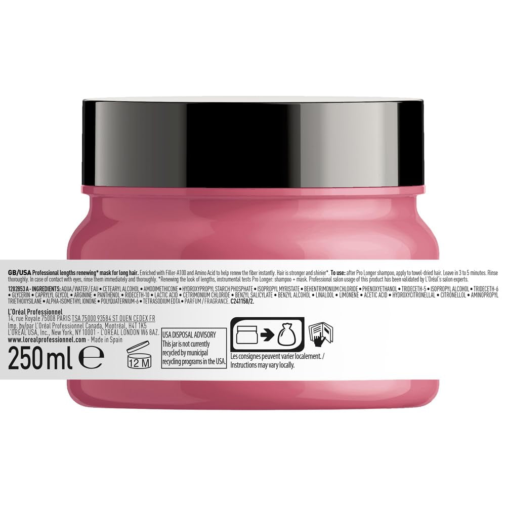 L'Oréal Professionnel Maschera rinforzante per capelli lunghi e sottili con filler A-100 e aminoacidi, Series Expert, Pro Longer Mask Hair Mask Naty Shop