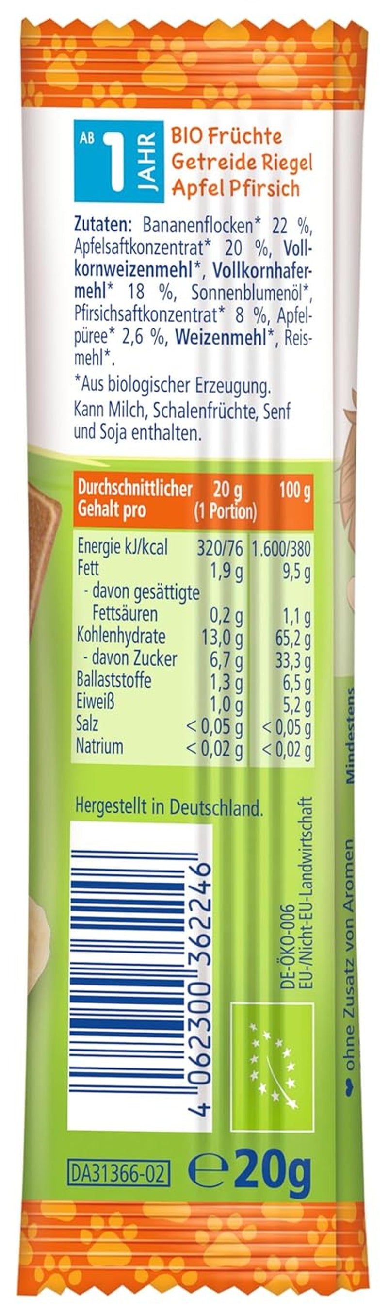 Barrette di Muesli HiPP Lion con Avena Croccante, Mela e Pesca (24 x 20g), da 1 anno, addolciti solo con frutta, della migliore qualità biologica