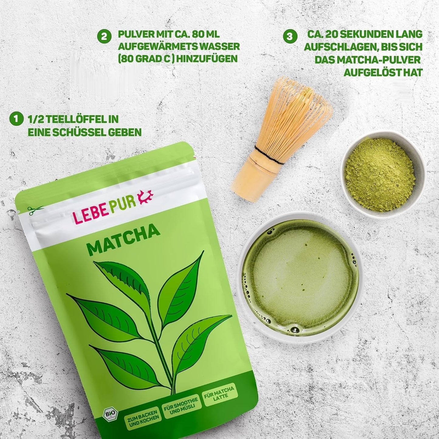 Lebepur BIO Matcha in polvere 100G - Qualità Premium dal Giappone senza additivi - Polvere di tè verde pura al 100% per Matcha Latte, Tè Matcha, Tè verde, Frullati - Tè verde giapponese