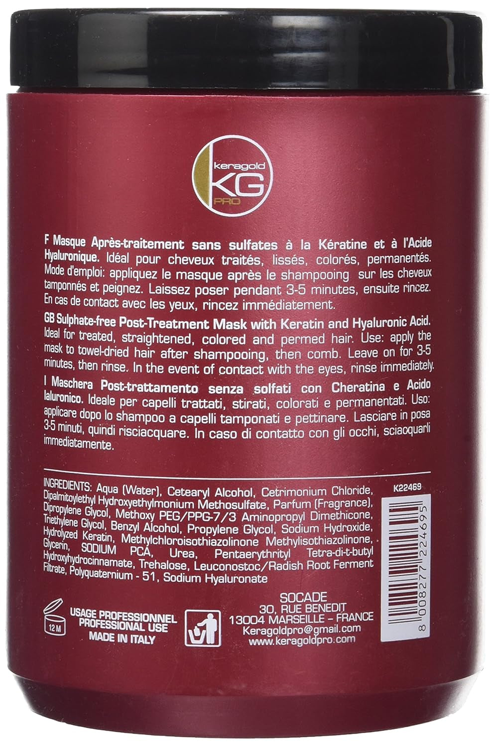 Maschera senza solfati DD, cheratina/acido ialuronico, maschera per capelli da 1 litro Naty Shop