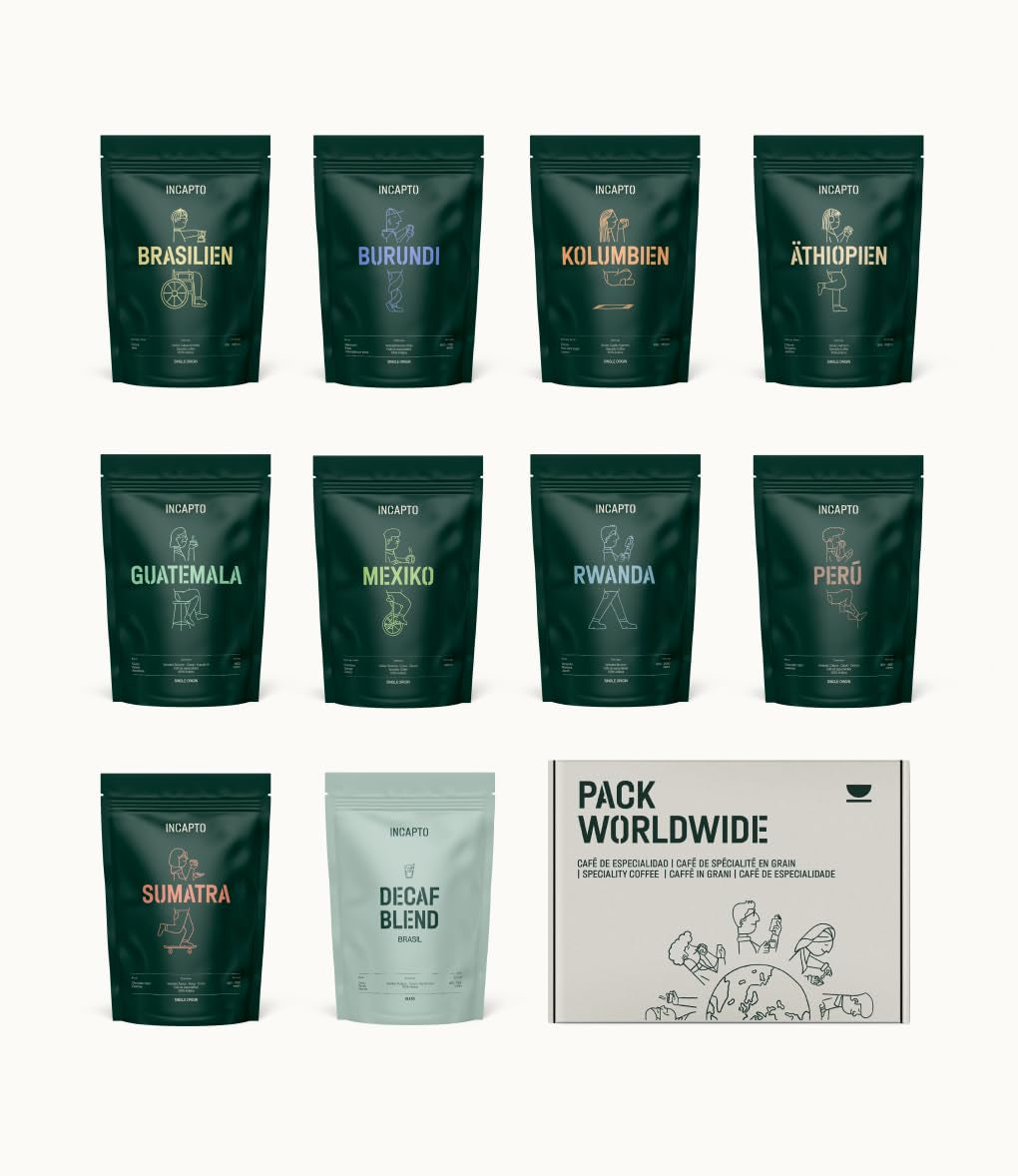 Selezione di caffè in grani Incapto nel mondo | Selezione di 10 origini da tutto il mondo | Caffè speciale | 100% Arabica | Ideale come set regalo per il caffè | Per gli amanti del caffè | 10 confezioni da 100 g