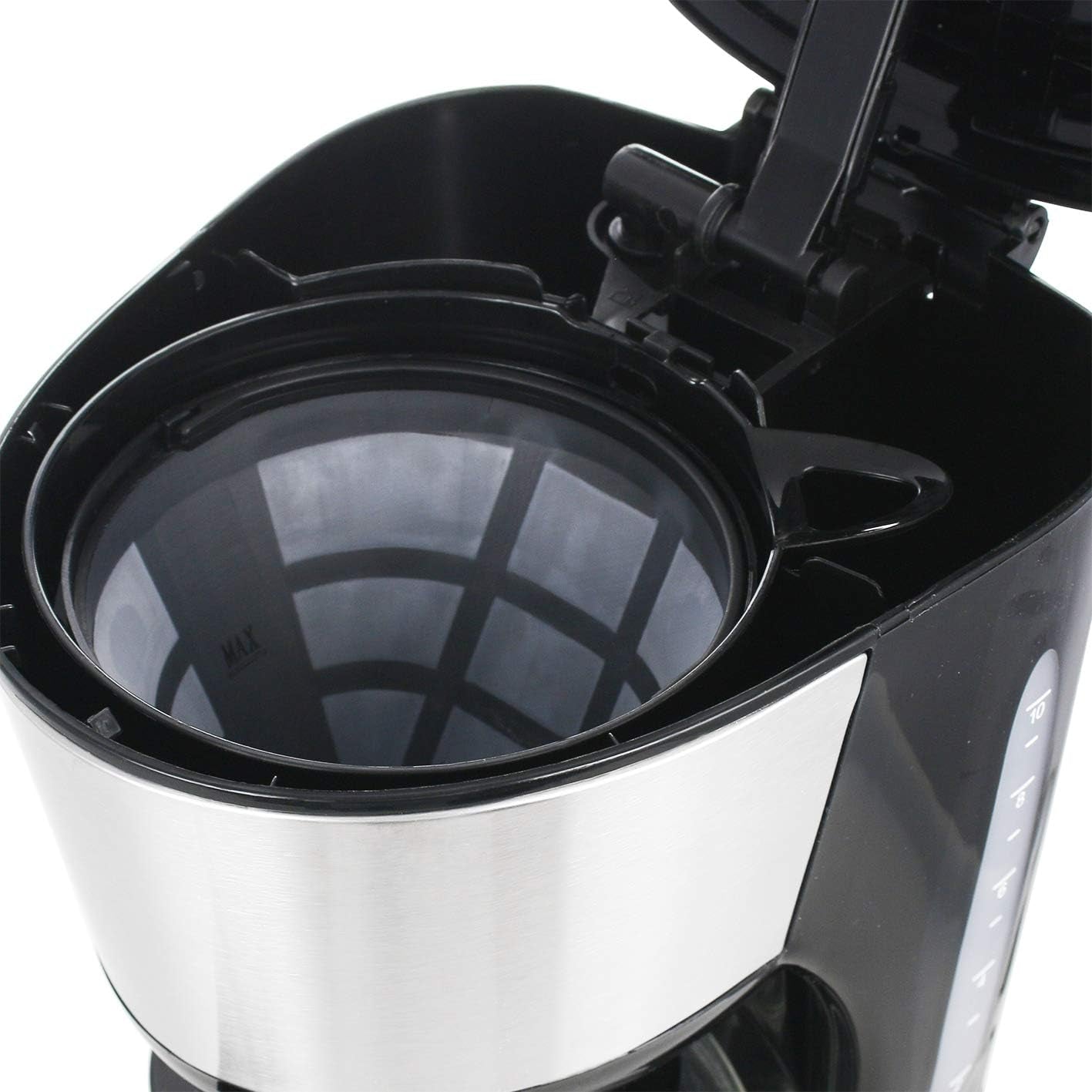 Emerio CME-122933, Macchina da caffè con filtro, 1,25 L per un massimo di 10 tazze di caffè fresco, filtro rimovibile permanente, funzione antigoccia, caraffa in vetro, spegnimento automatico, 1000 watt, nero/argento