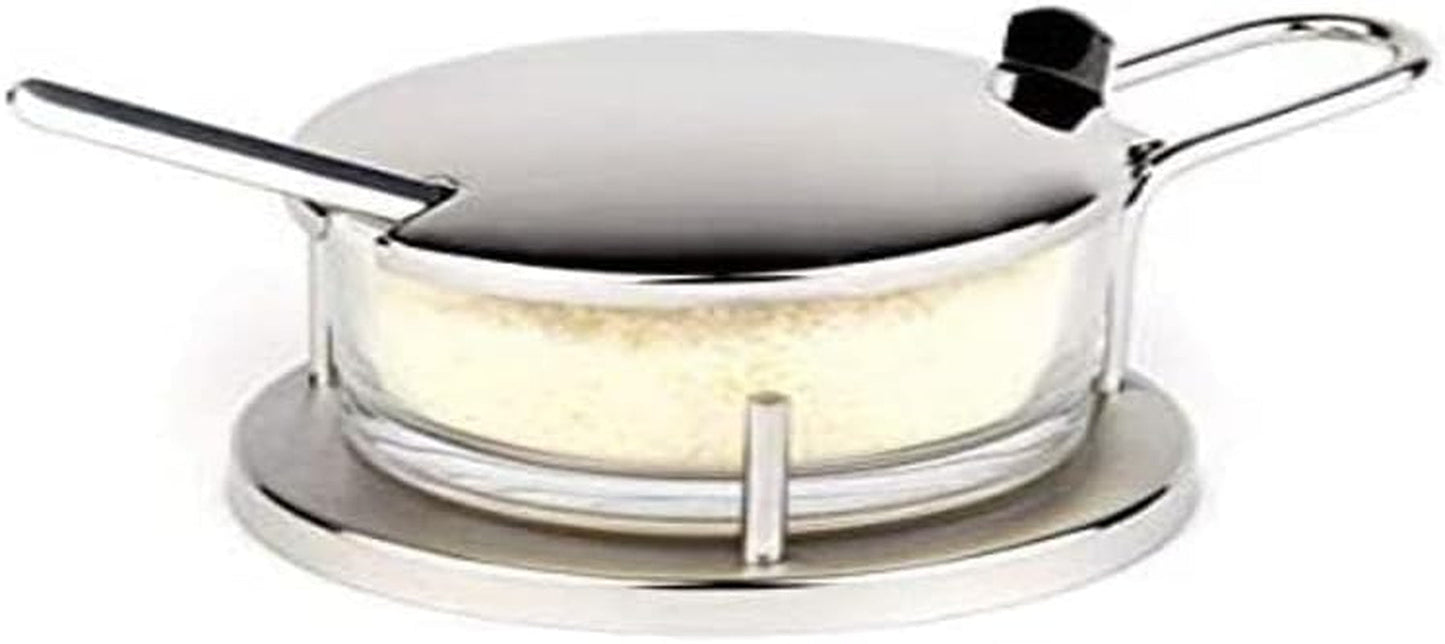 Set Parmigiano APS "Classic", Ciotola per Parmigiano, Contenitore per Parmigiano con Cucchiaio, Bicchiere Trasparente per Parmigiano in Supporto in Acciaio Inox, 11 x 15 cm, Altezza 7 cm