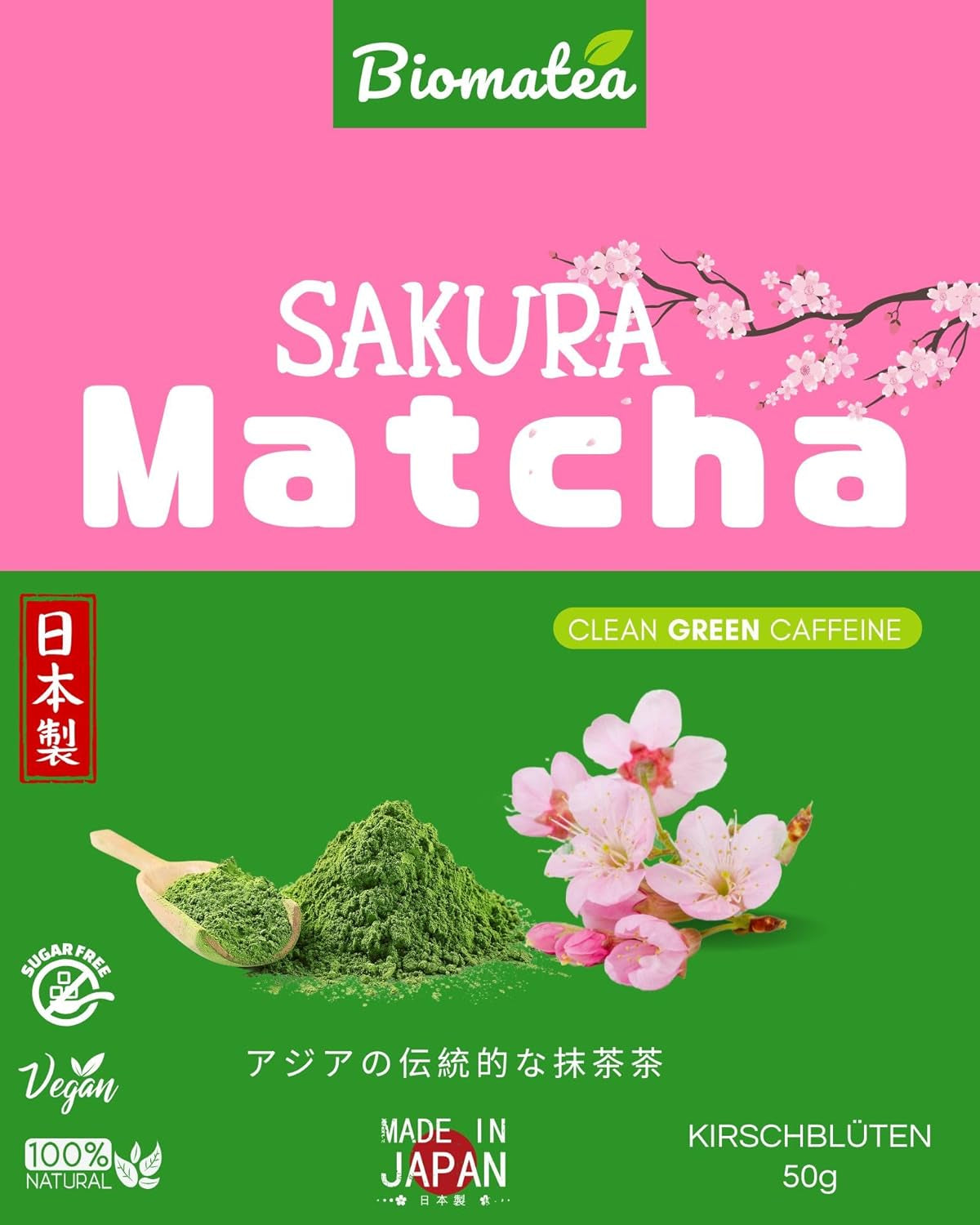 Tè Matcha Sakura 50g - Grado cerimoniale dal Giappone - Tè verde premium con polvere di fiori di Sakura - Primo raccolto, macinato a pietra, vegano, senza additivi