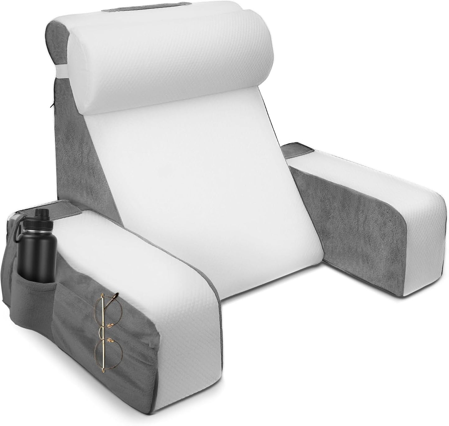 Ampio cuscino da lettura con supporto per collo e braccioli removibili, cuscino schienale per letto, cuscino schienale ergonomico con bracciolo, tasca e fodera lavabile per leggere e guardare la TV.