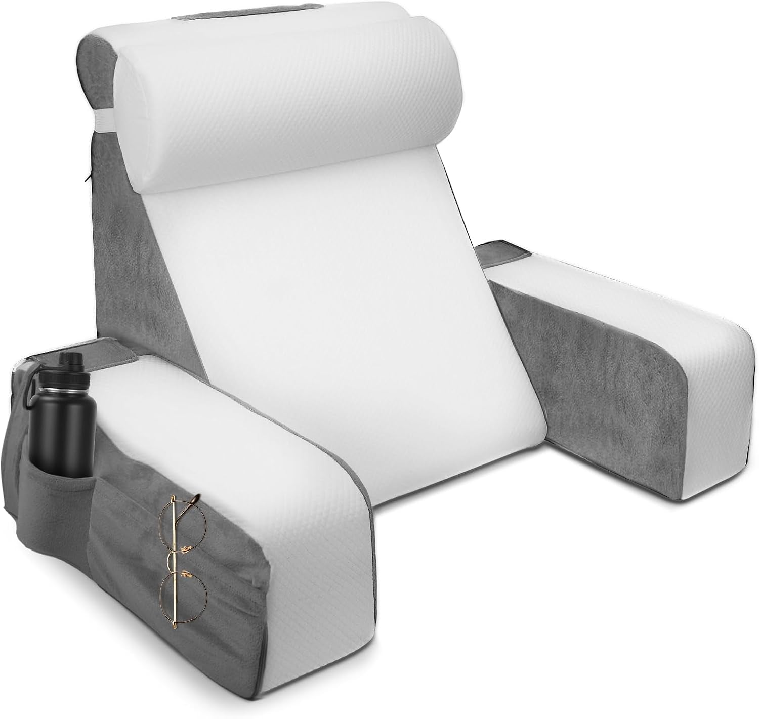 Ampio cuscino da lettura con supporto per collo e braccioli removibili, cuscino schienale per letto, cuscino schienale ergonomico con bracciolo, tasca e fodera lavabile per leggere e guardare la TV.
