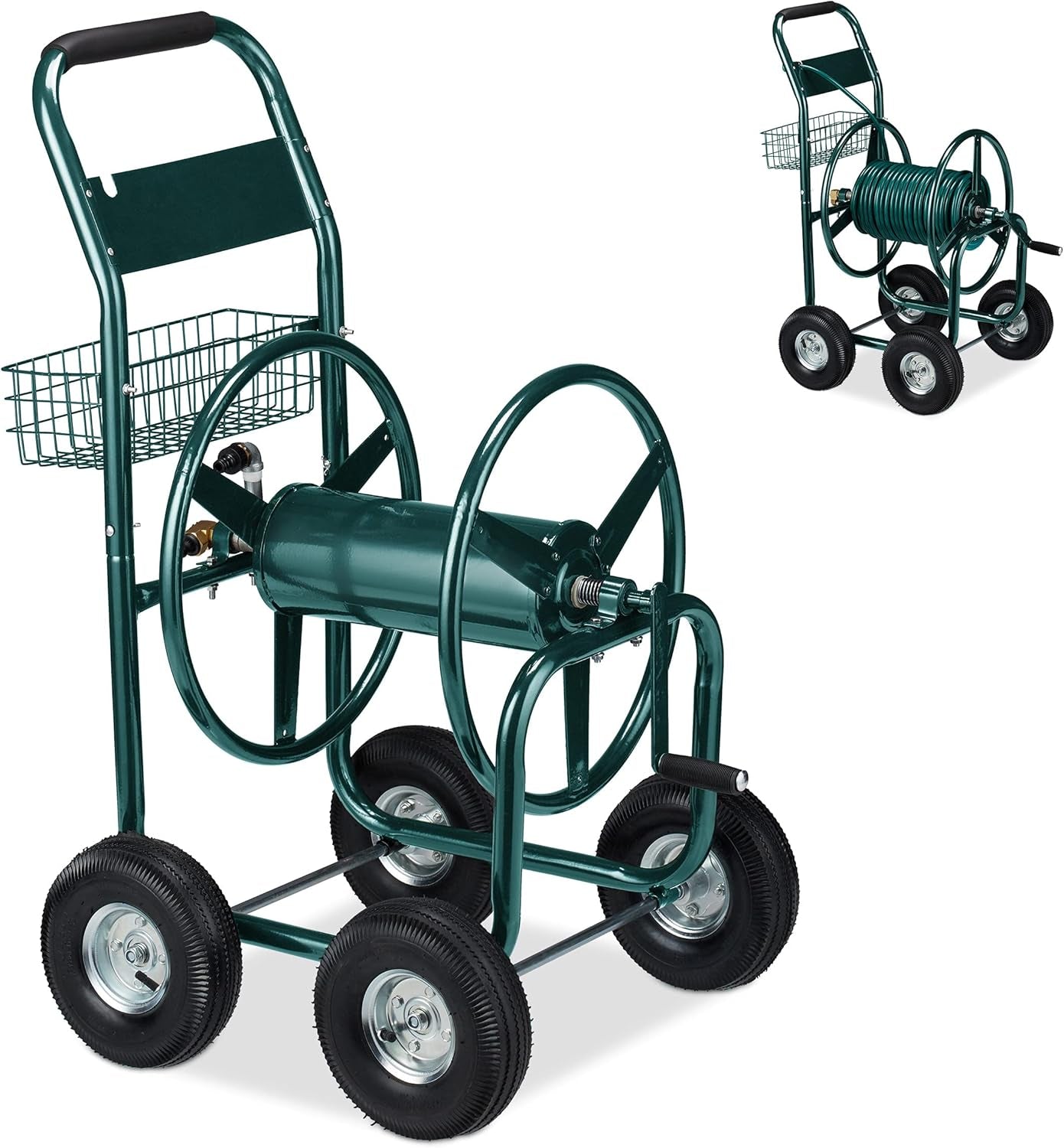 Carrello portatubo Relaxdays, fino a 90 m, 4 pneumatici, raccordo a scatto, avvolgitubo in metallo, distributore tubo con cestello, verde