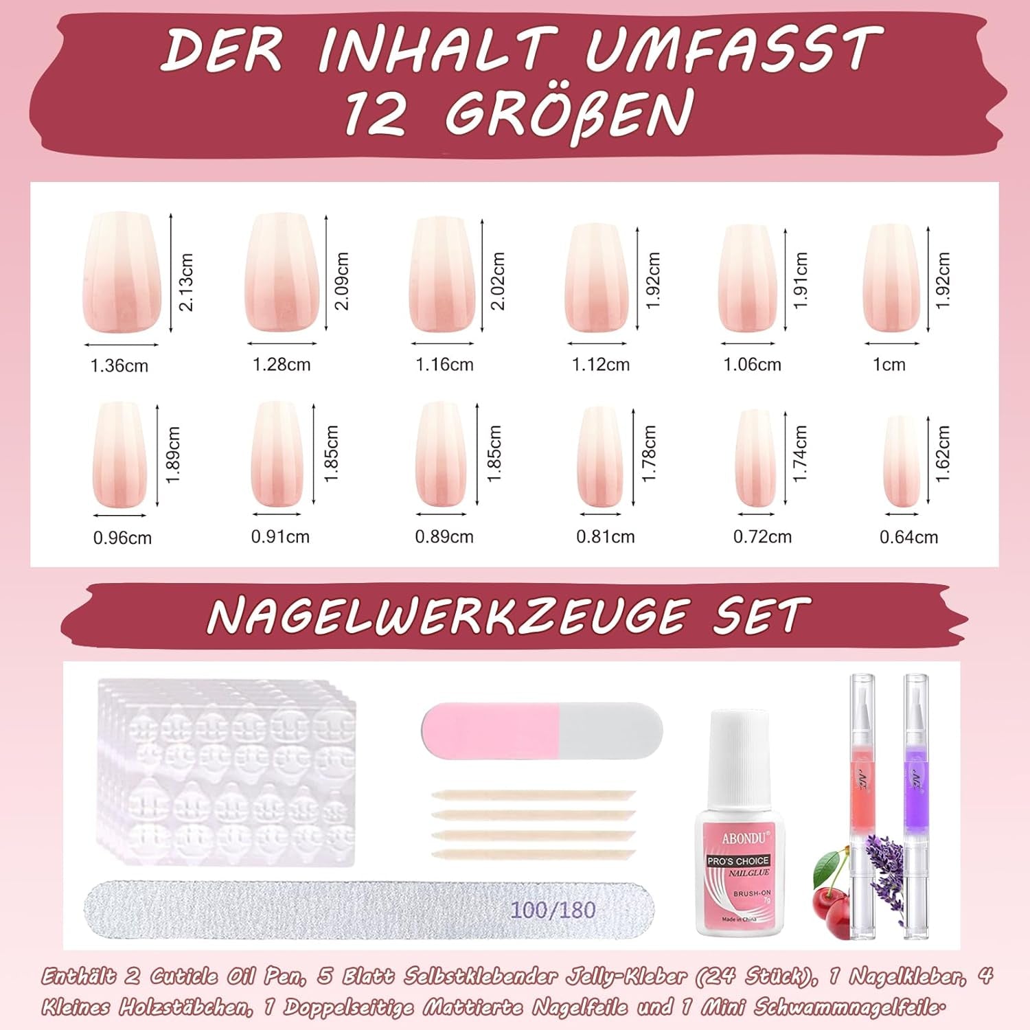 Set di 360 unghie finte ballerina sfumata, unghie artificiali incollate con sfumatura rosa bianca con 2 penne a olio per unghie, unghie finte medie sfumate per donne fai da te
