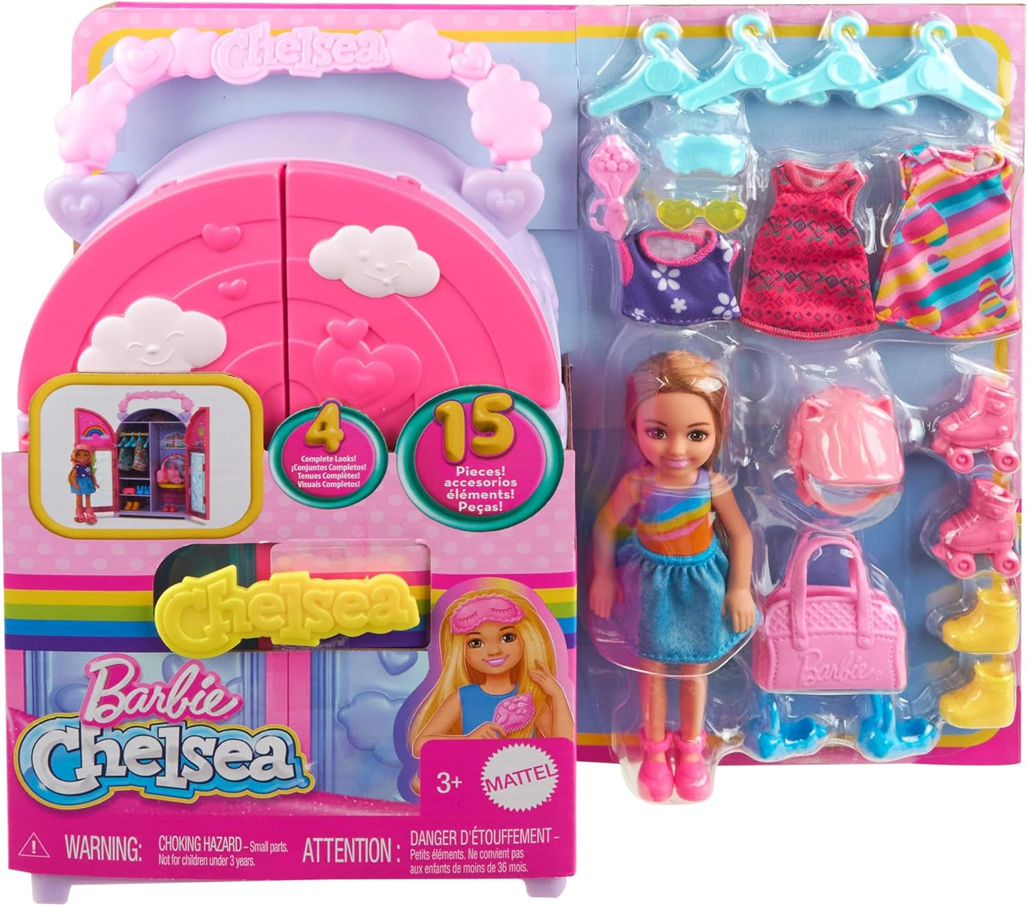 Barbie Chelsea - Set da gioco con bambola e guardaroba, vestiti e accessori, set da 17 pezzi, pieghevole per giocare e riporre in viaggio, HXN03 Naty Shop Dolls