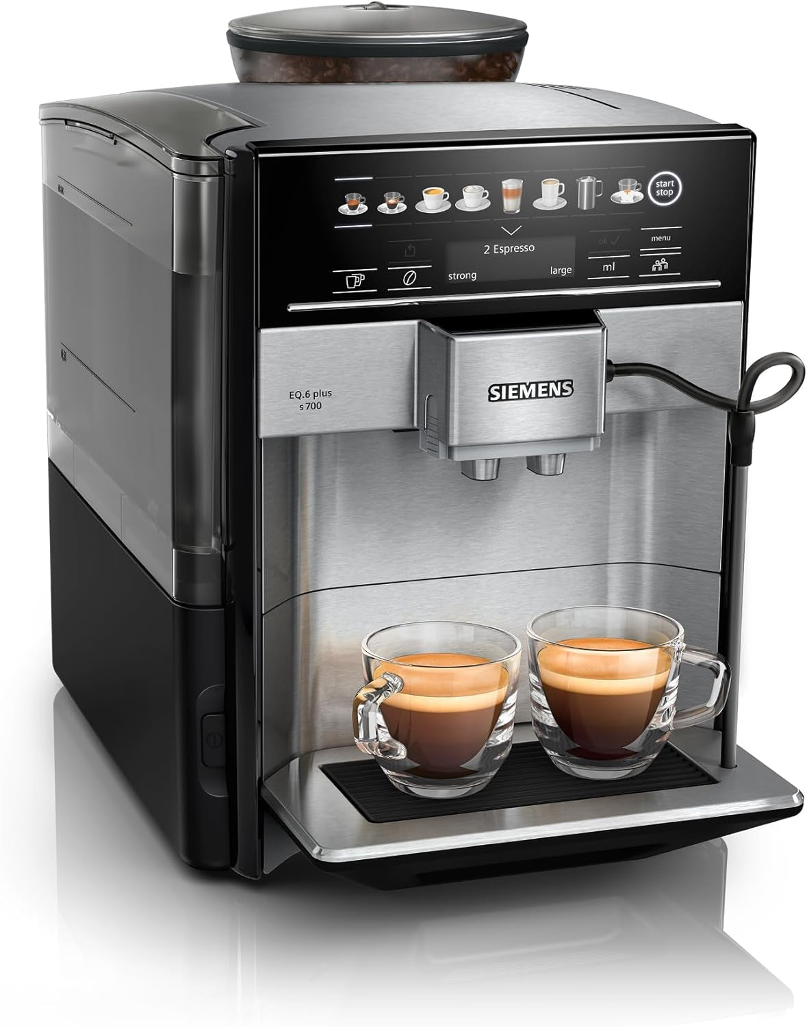 Macchina per caffè espresso automatica Siemens EQ.6 plus s700 TE657503DE, per molte specialità di caffè, montalatte, macinacaffè in ceramica, doppia funzione caffè, anticalcare, pulizia automatica a vapore, 1500 W, acciaio inossidabile