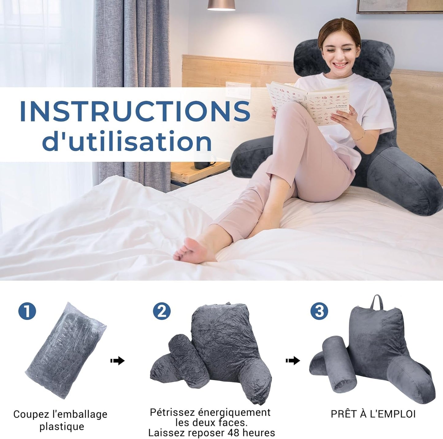 INFANTIA cuscino da lettura ergonomico con braccioli, supporto per la schiena, grande, grigio