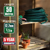 Tubo da giardino Faithfull da 50 m (164 piedi) rinforzato, diametro 12,7 mm (1/2 pollice) - Tubo in PVC resistente, verde