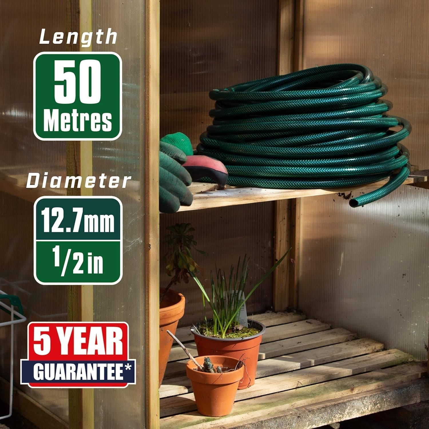 Tubo da giardino Faithfull da 50 m (164 piedi) rinforzato, diametro 12,7 mm (1/2 pollice) - Tubo in PVC resistente, verde