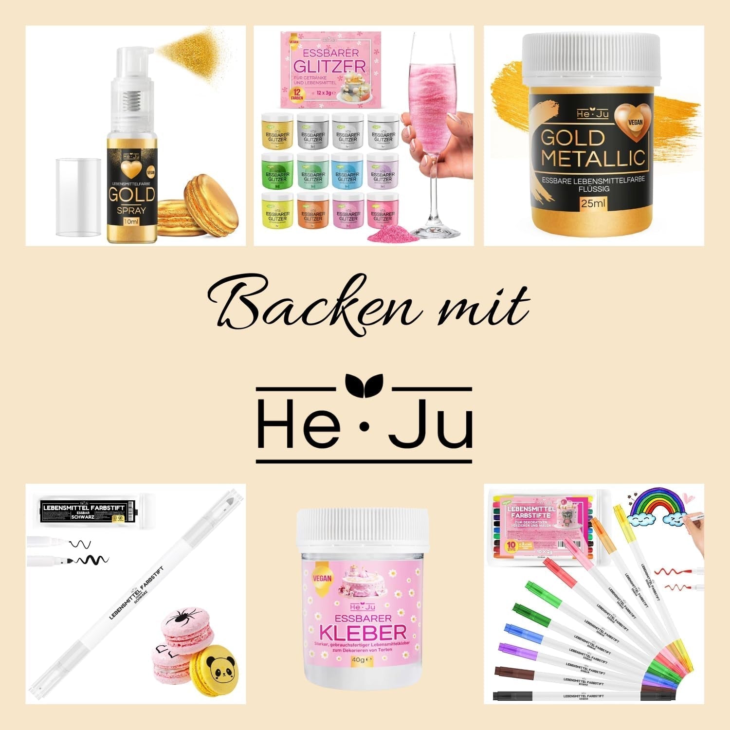 He-Ju Colorante alimentare liquido oro metallizzato 25 ml, glitter commestibile per bevande e alimenti (Oro metallizzato, 25 ml)