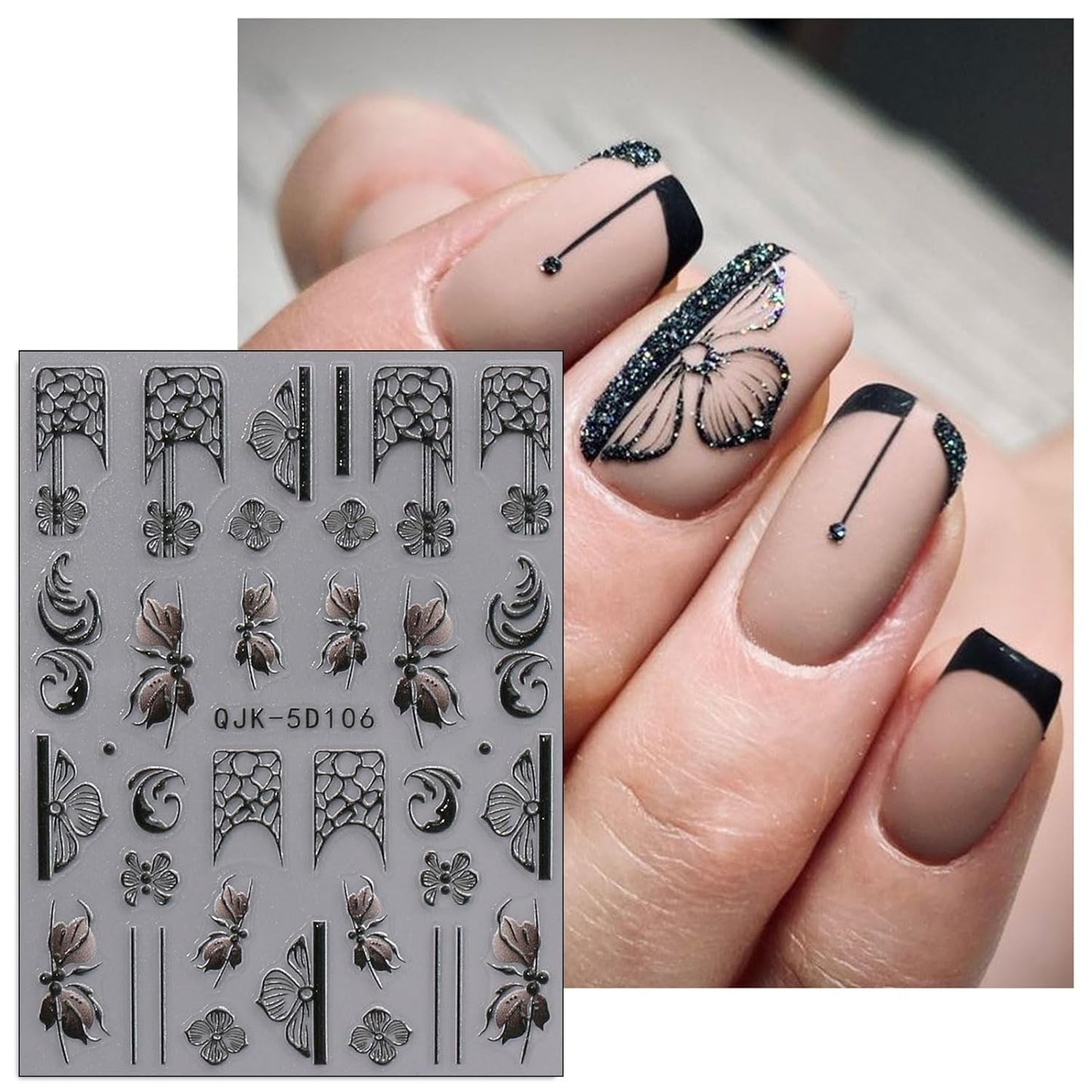 JMEOWIO 3D Nagelsticker Schwarz Weiß Blume Nail Art Sticker Self-klebend Nagelaufkleber 5D Stereoscopic Blumen Dekoration Nageldesign Zubehör 4 Blatt