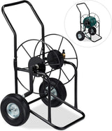 Carrello portatubo Relaxdays, avvolgitubo mobile, attacco 1/2" e 3/4", tubo fino a 80 m, 2 ruote, metallo, nero