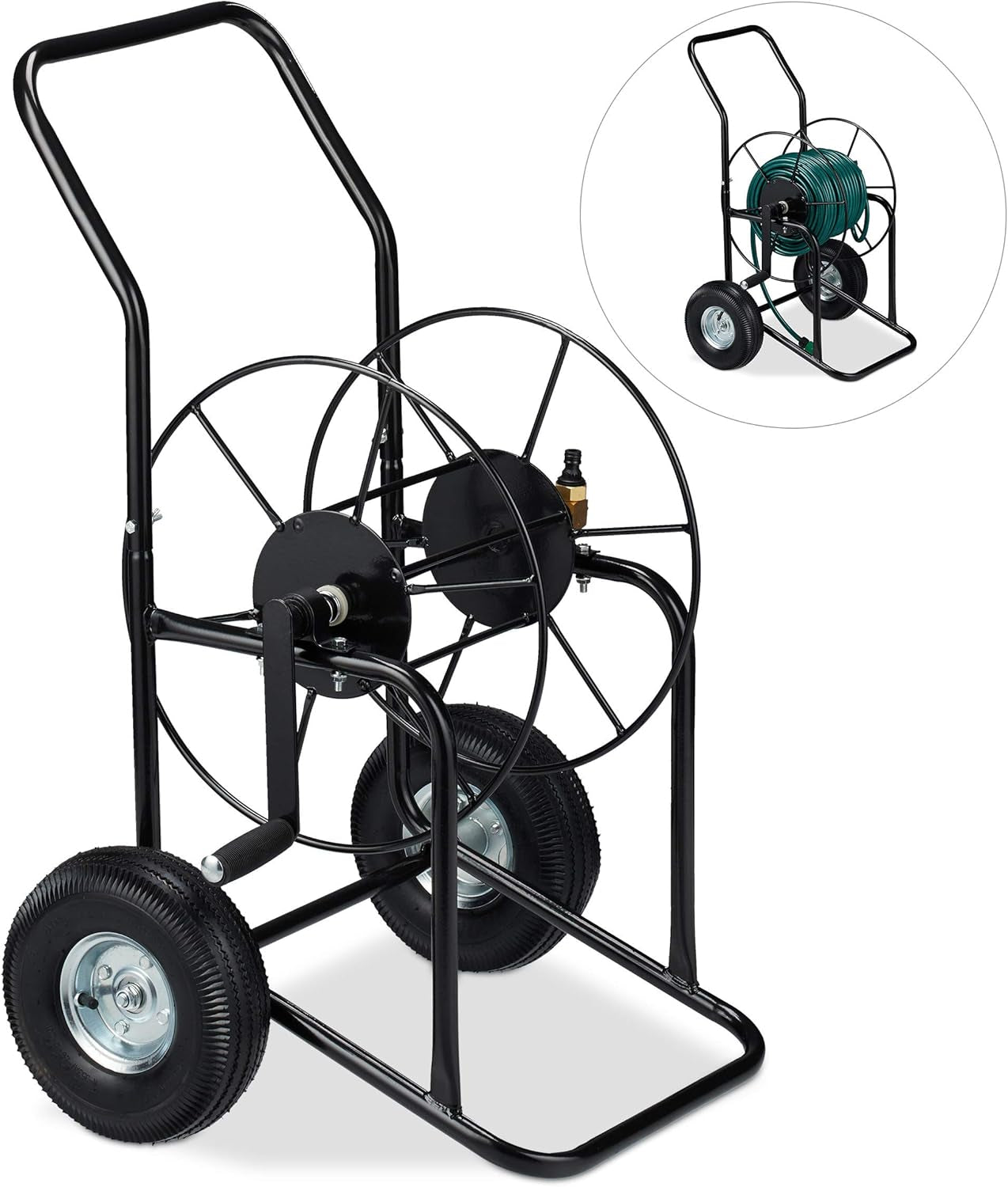 Carrello portatubo Relaxdays, avvolgitubo mobile, attacco 1/2" e 3/4", tubo fino a 80 m, 2 ruote, metallo, nero