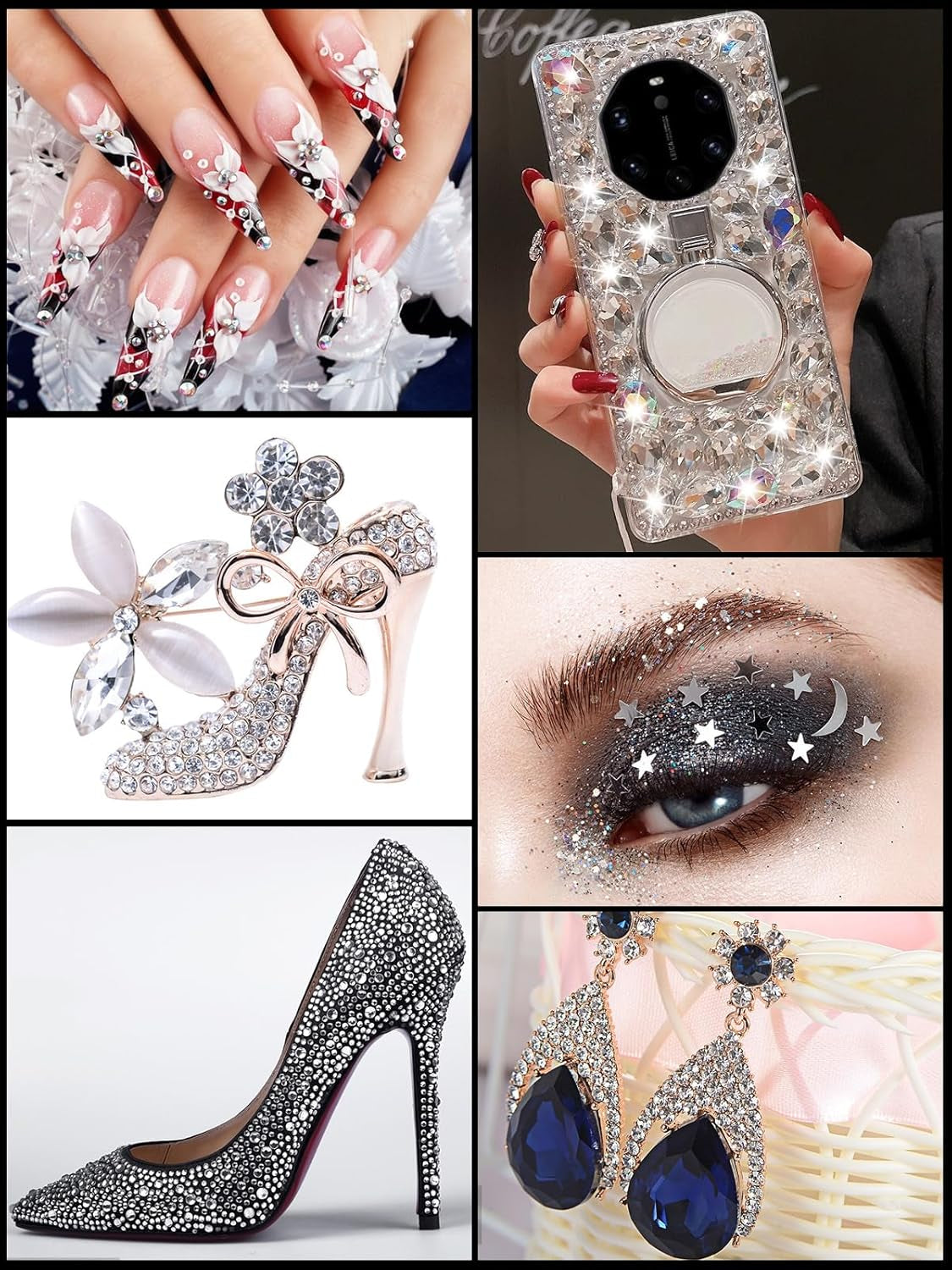 EBANKU Nail Art Strass Kit Multi Design Zubehör Mit 1 Pinzetten 1 Stück Wachsstifte Deko Diamondn Kristalle Perlen Edelsteine ​​​​Bunt Pferdeaugen Strass Metall Nieten Für Nagel DIY (1 Stück (10Er Pack))
