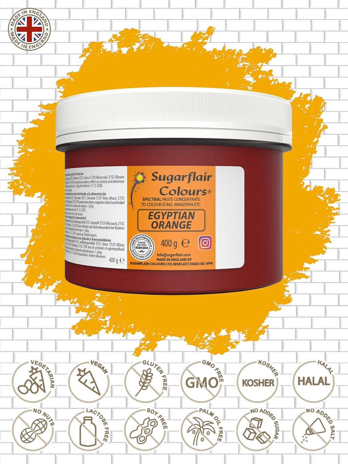 Sugarflair Colorante Alimentare per Pasta, Arancia Egiziana, Colorante Alimentare per Pasta, Fondente e Marzapane, Colori Concentrati Spettrali - 400g