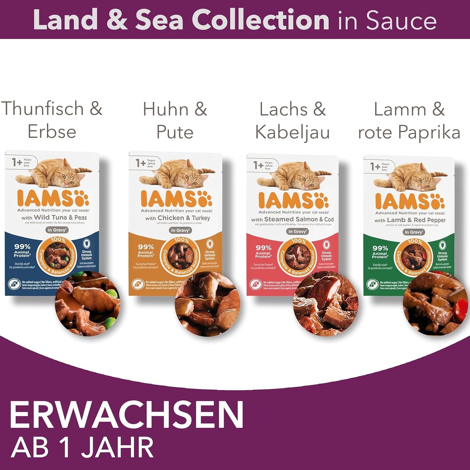 IAMS Delights Collezione Land & Sea Cibo umido per gatti - Assortimento di carne e pesce Multipack in salsa, Cibo umido per gatti da 1 anno in su, 12 x 85 g