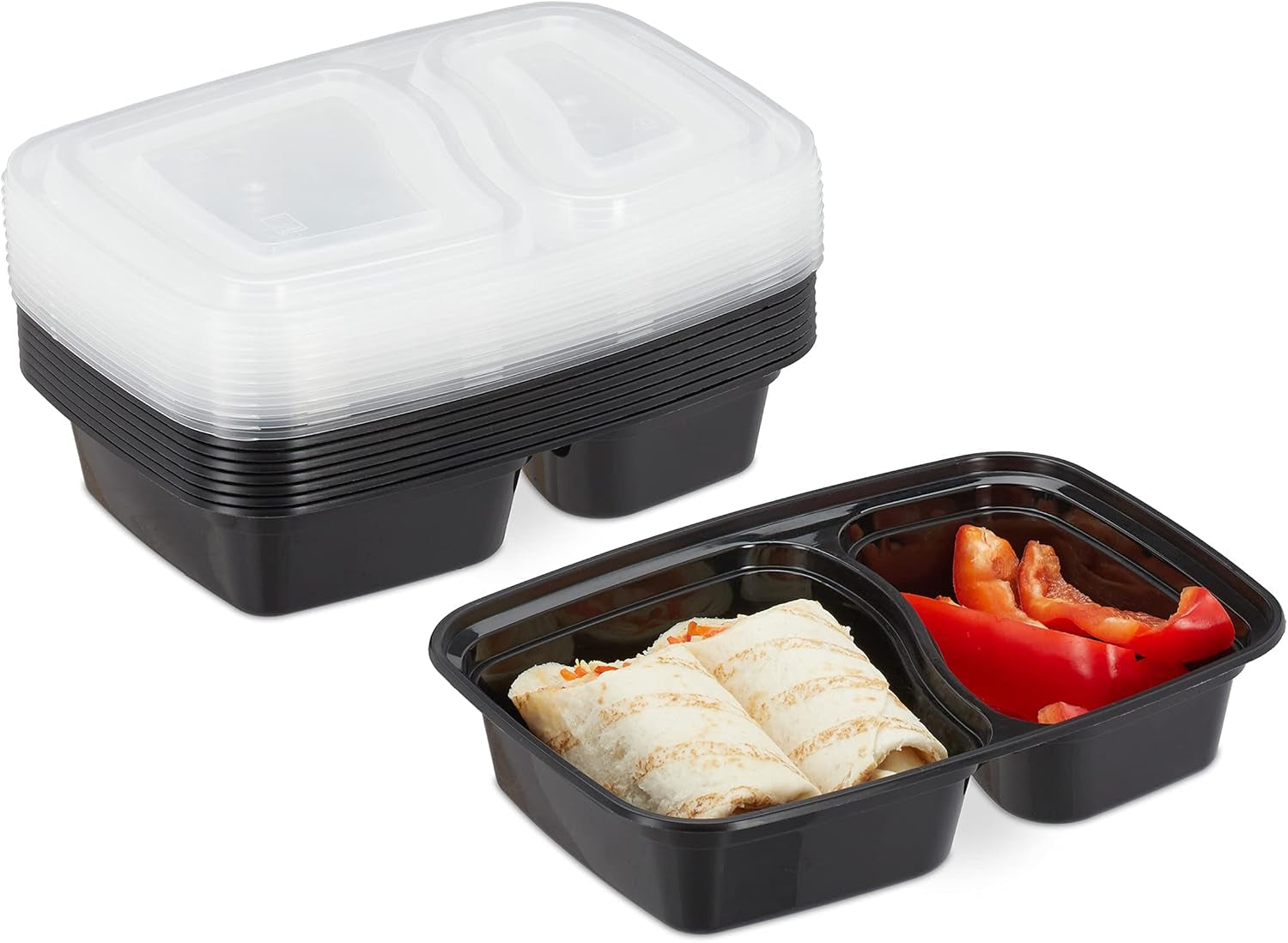 Relaxdays Set da 10 Scatole per Pasti, 2 Scomparti, Resistenti al Microonde, 800 ml, Scatole per Alimenti in Plastica con Coperchio, Scatole per Alimenti Nere Naty Shop Default Title