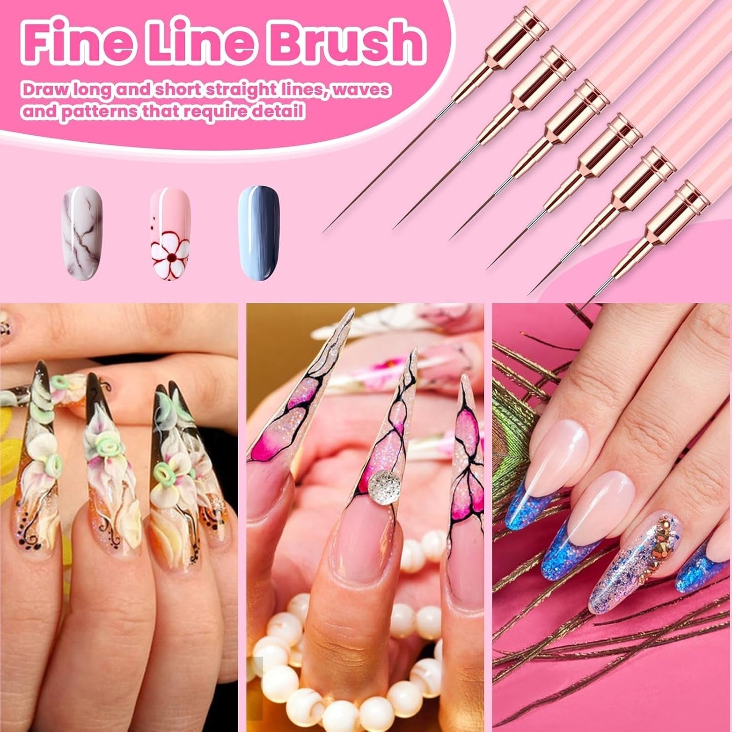 6 pezzi Liner Nailart Pinsel Nageldesign Pinsel Set Dünn Acryl Nagelpunkt-Zeichenwerkzeug Nägel Dünne Nagelpinsel Set Für Lange Linien, Dünne Details, Feines Zichnen 5/7/9/11/15/25 Mm（Rosa）