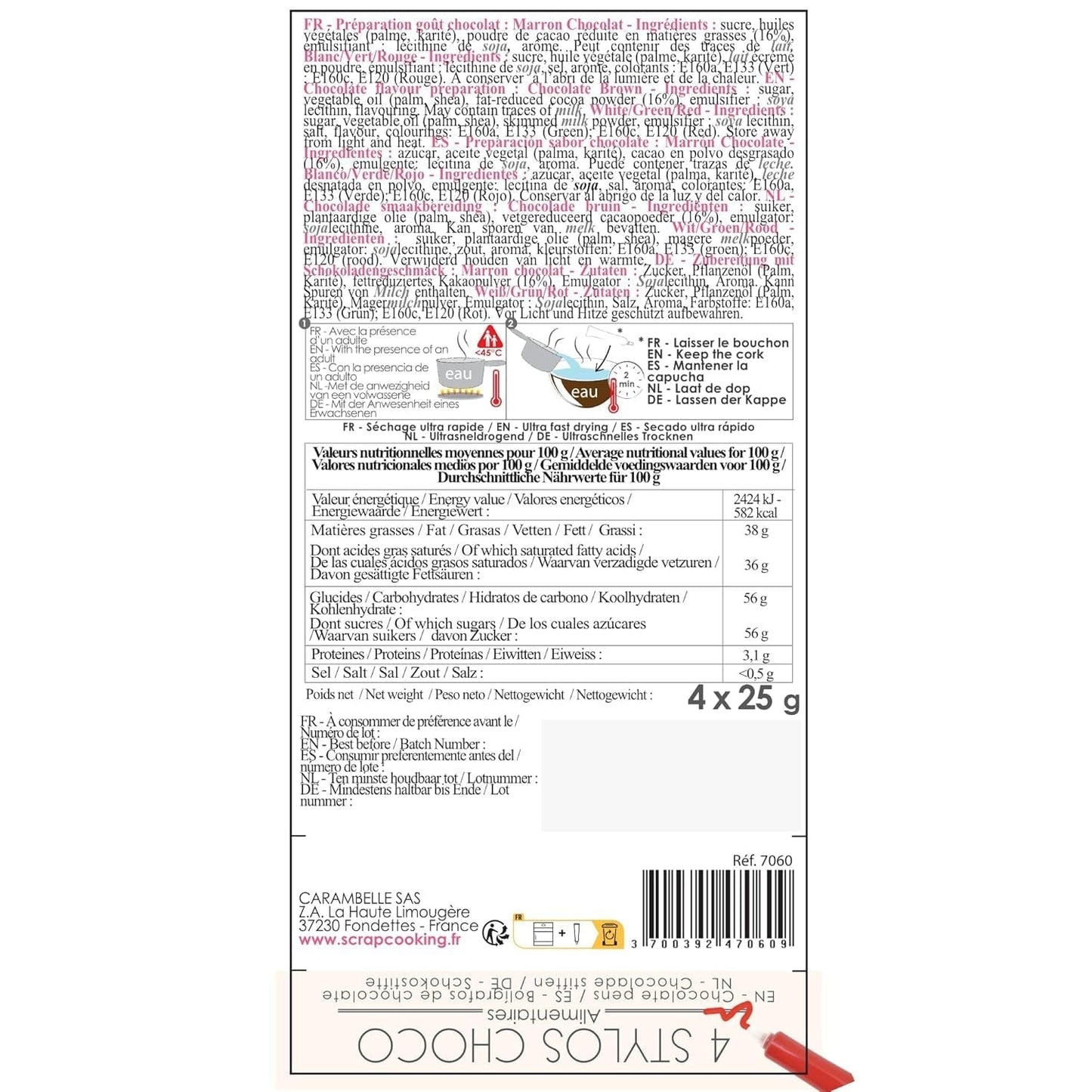 Scrapcooking - Set di 4 matite colorate al cioccolato natalizio - Marrone, Bianco, Verde e Rosso - Colorante commestibile - Colorante alimentare per scrivere - Scrivi e disegna su dessert, torte e biscotti - 7060
