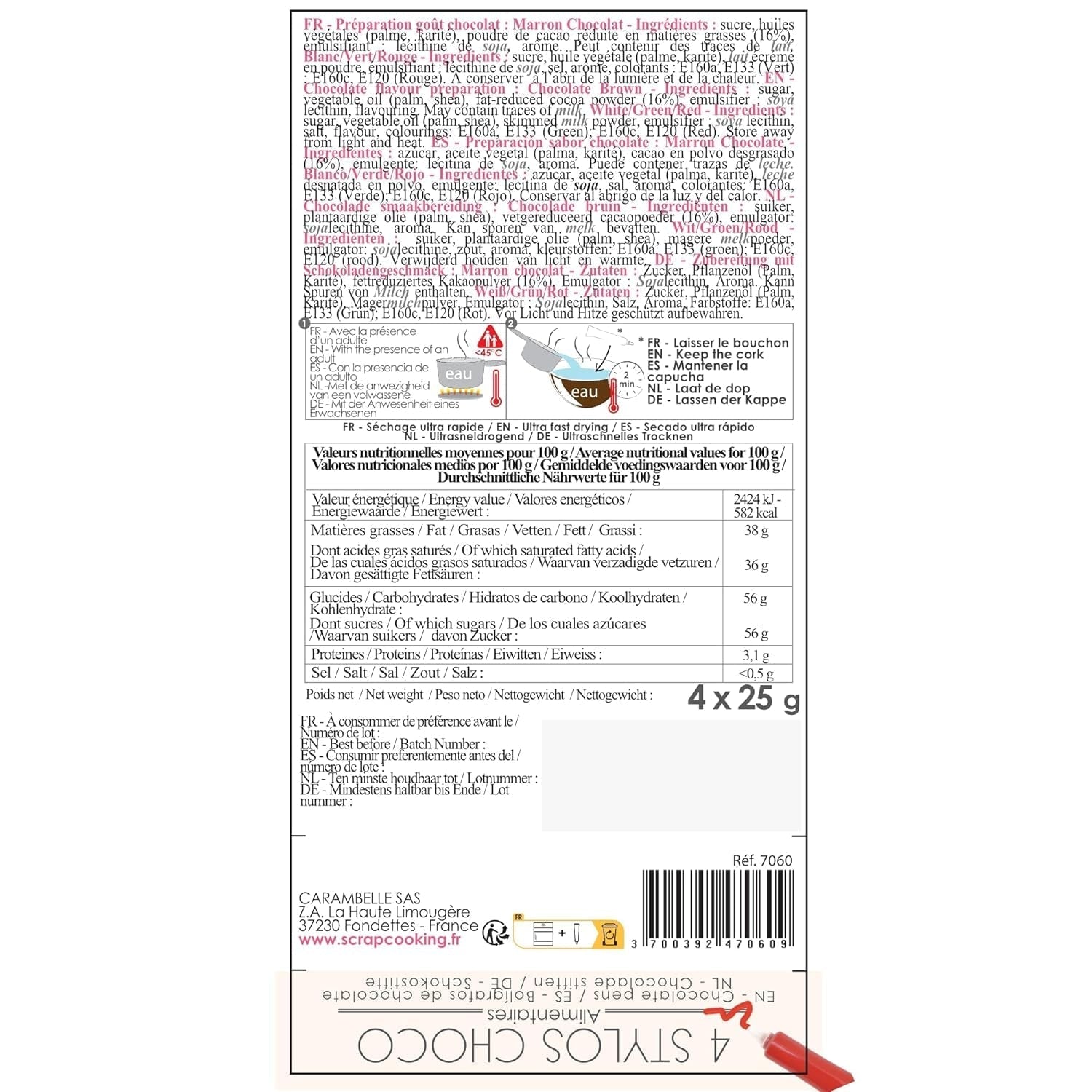 Scrapcooking - Set di 4 matite colorate al cioccolato natalizio - Marrone, Bianco, Verde e Rosso - Colorante commestibile - Colorante alimentare per scrivere - Scrivi e disegna su dessert, torte e biscotti - 7060