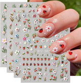 JMEOWIO 3D Nagelsticker Blumen Frucht Nail Art Sticker Selbstklebend Nagelaufkleber 5D Stereoscopico Decorazione Nageldesign Zubehör 4 Blatt