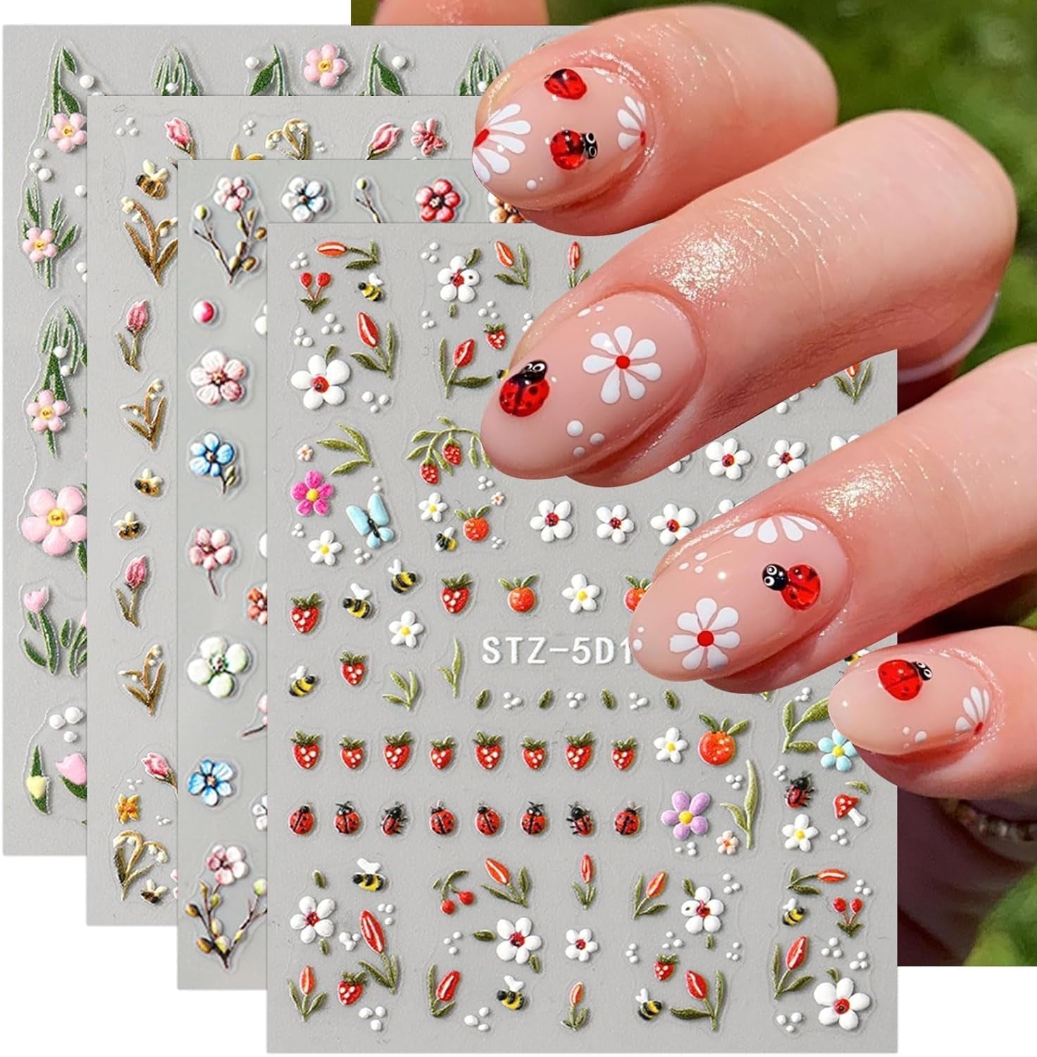 JMEOWIO 3D Nagelsticker Blumen Frucht Nail Art Sticker Selbstklebend Nagelaufkleber 5D Stereoscopico Decorazione Nageldesign Zubehör 4 Blatt