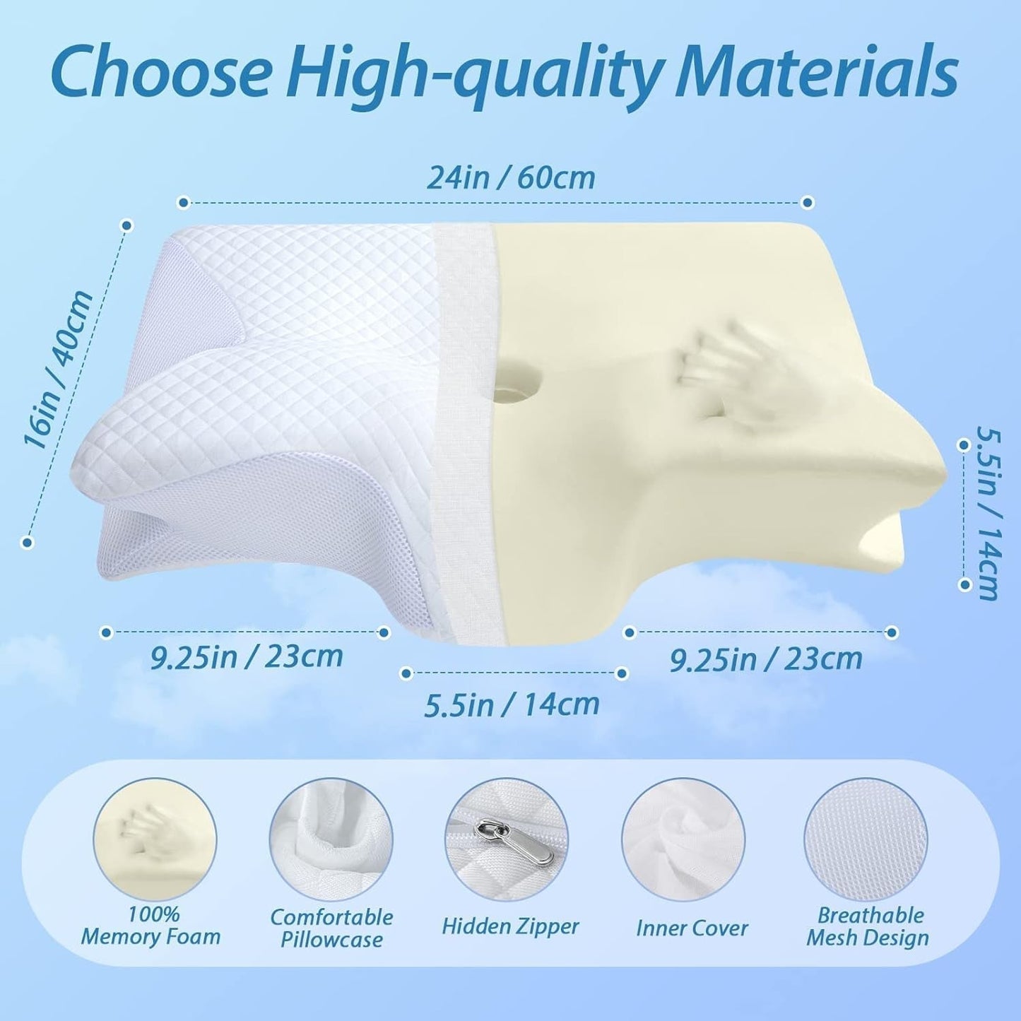HOMCA Cuscino per Collo Ortopedico Cuscino in Memory Foam 2 in 1 Cuscino per Supporto per Collo Cuscino per Testa ergonomico per Dolori Schiena, Fianchi e Addominali 60 X 13/11 X 40 cm Naty Shop Cuscini Ortopedici Cervicali