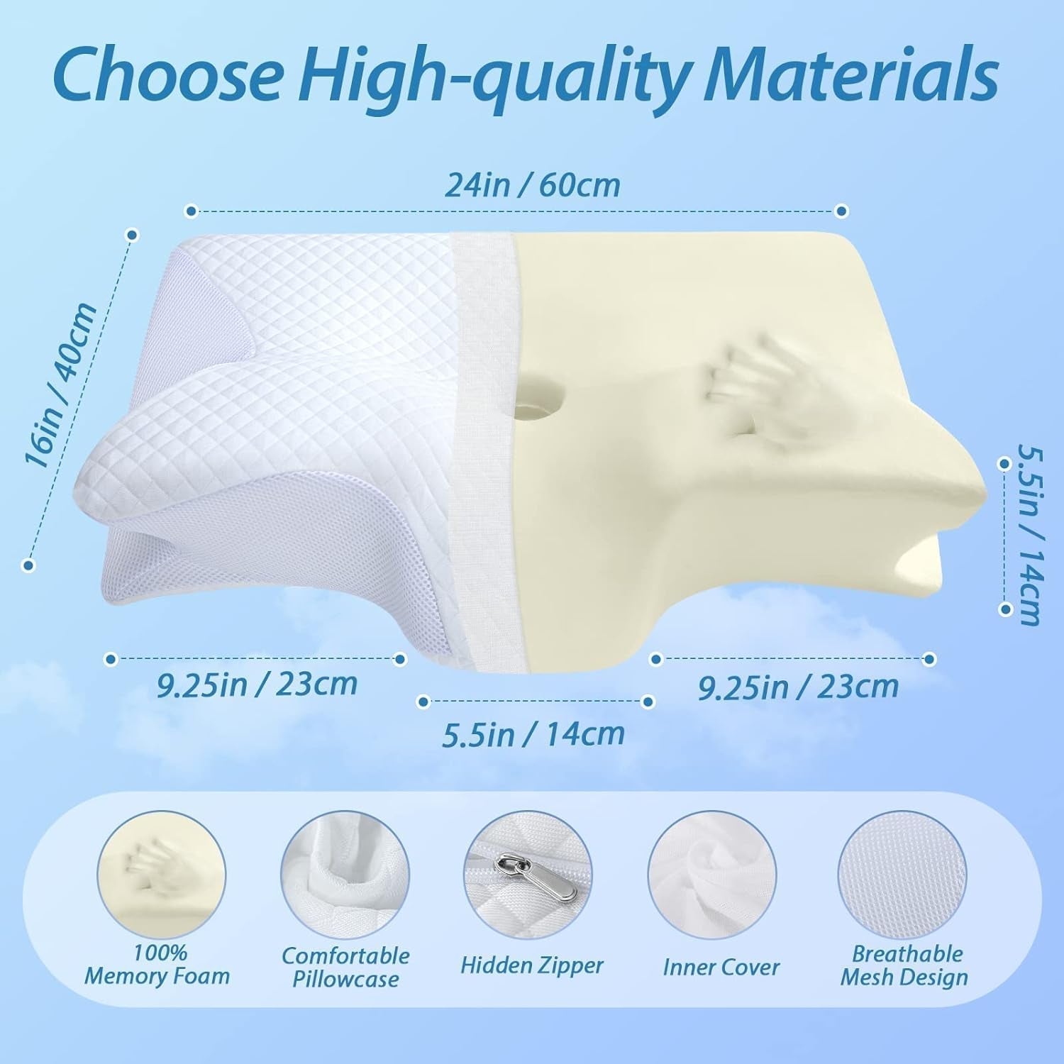 HOMCA Cuscino per Collo Ortopedico Cuscino in Memory Foam 2 in 1 Cuscino per Supporto per Collo Cuscino per Testa ergonomico per Dolori Schiena, Fianchi e Addominali 60 X 13/11 X 40 cm Naty Shop Cuscini Ortopedici Cervicali