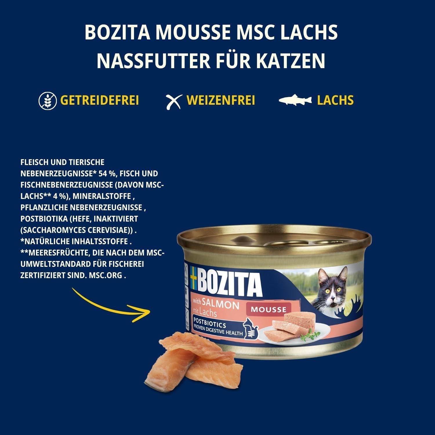 Bozita Mousse MSC Salmone - 12 x 85g cibo umido per gatti con una consistenza fine di mousse e salmone - ricetta senza cereali, senza zuccheri o coloranti aggiunti - con postbiotici per sostenere la flora intestinale