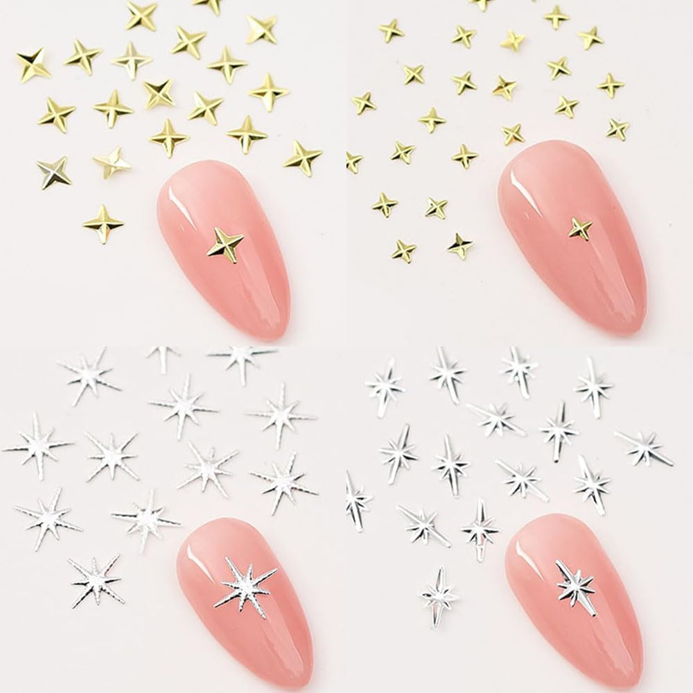 120 pezzi Ciondoli per unghie Stella Oro-Argento Stella Y2K Chiodi Ciondoli per stella in metallo Dimensioni miste Viti per unghie Design per unghie stella Nail art Ciondoli a stella 3D Decorazione per unghie Ciondoli per unghie Accessori per unghie